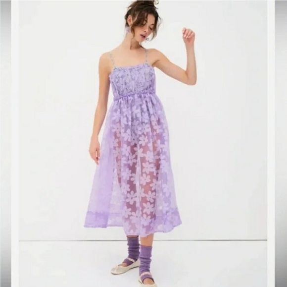 For Love And Lemons Purple Floral Sheer Bodysuit Midi Dress XS - Picture 1 of 6